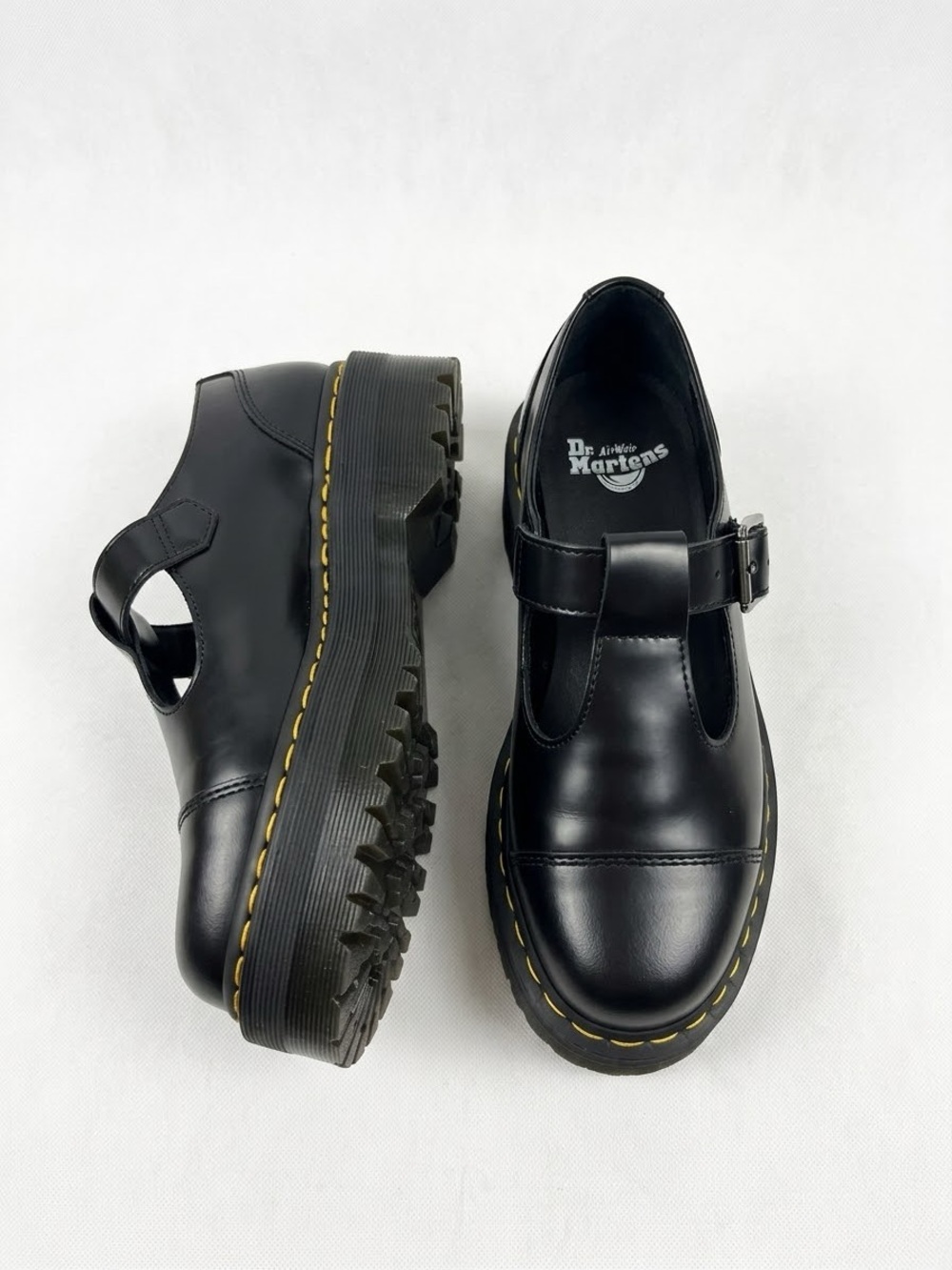 Brand new Dr. Martens Black Leather Platform Mary Jane with Yellow Stitchin